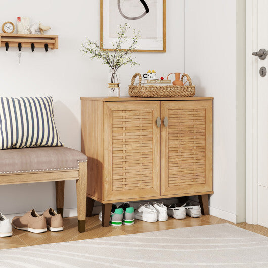 2-Door 4-Tier Shoe Cabinet Storage Organizer with Ventilated Woven Doors-Teak W2B
