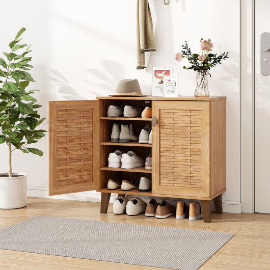 2-Door 4-Tier Shoe Cabinet Storage Organizer with Ventilated Woven Doors-Teak W2B