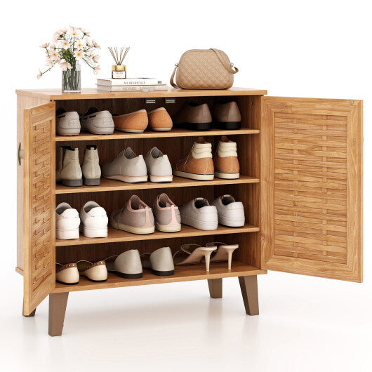 2-Door 4-Tier Shoe Cabinet Storage Organizer with Ventilated Woven Doors-Teak W2B