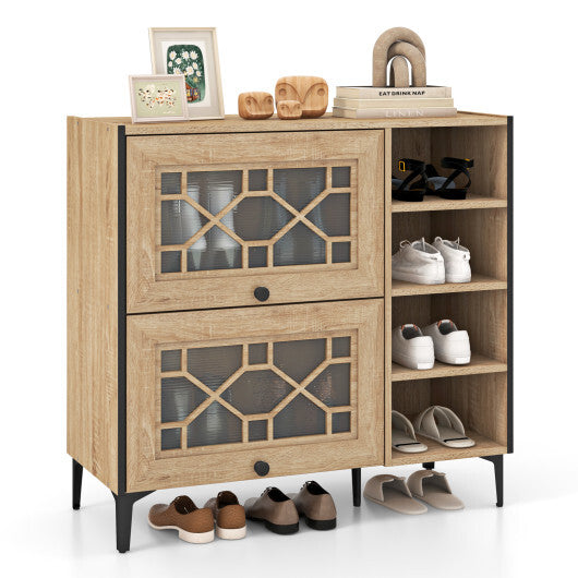 Rustic Shoe Cabinet with Flip-up See-through Doors and Adjustable Shelves-Oak