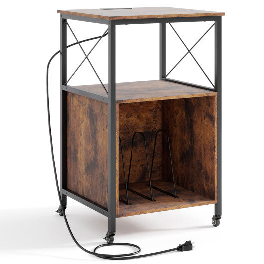 Mobile Record Player Stand with Power Outlet with Open Shelf and Dividers-Rustic Brown W2B