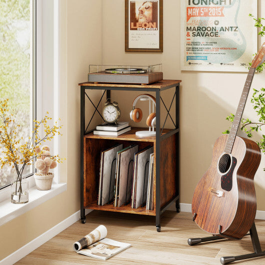 Mobile Record Player Stand with Power Outlet with Open Shelf and Dividers-Rustic Brown W2B