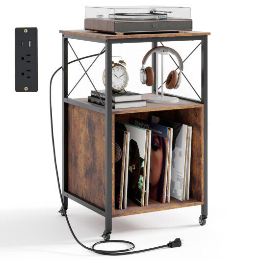 Mobile Record Player Stand with Power Outlet with Open Shelf and Dividers-Rustic Brown W2B