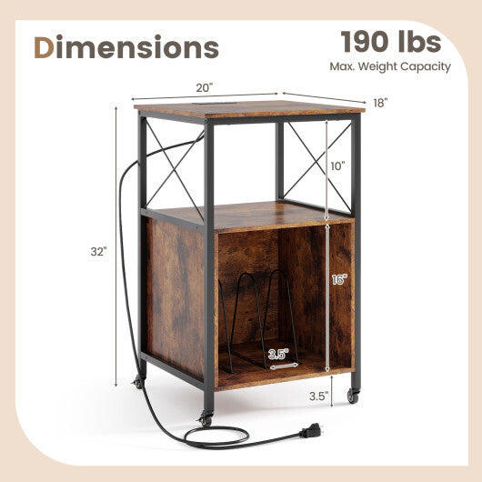 Mobile Record Player Stand with Power Outlet with Open Shelf and Dividers-Rustic Brown W2B