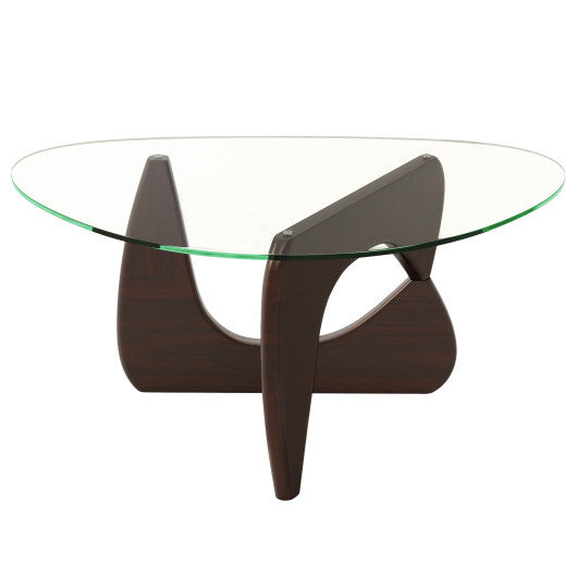 Triangle Coffee Table with Tempered Glass Top and Adjustable Rubber Wood Base-Walnut W2B