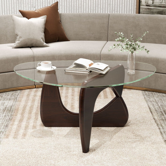 Triangle Coffee Table with Tempered Glass Top and Adjustable Rubber Wood Base-Walnut W2B