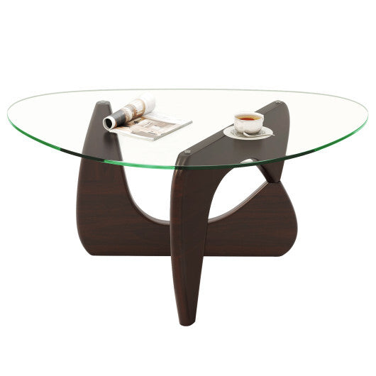 Triangle Coffee Table with Tempered Glass Top and Adjustable Rubber Wood Base-Walnut W2B