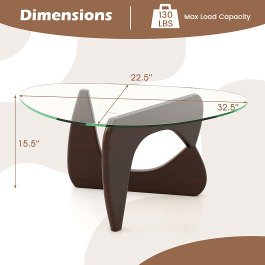 Triangle Coffee Table with Tempered Glass Top and Adjustable Rubber Wood Base-Walnut W2B