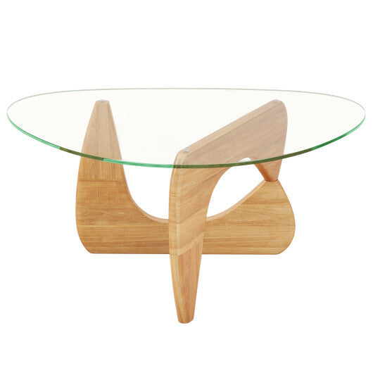 Triangle Coffee Table with Tempered Glass Top and Adjustable Rubber Wood Base-Walnut W2B