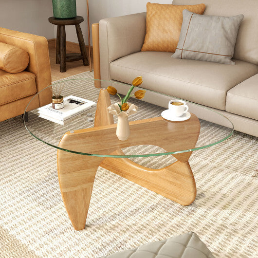 Triangle Coffee Table with Tempered Glass Top and Adjustable Rubber Wood Base-Walnut W2B
