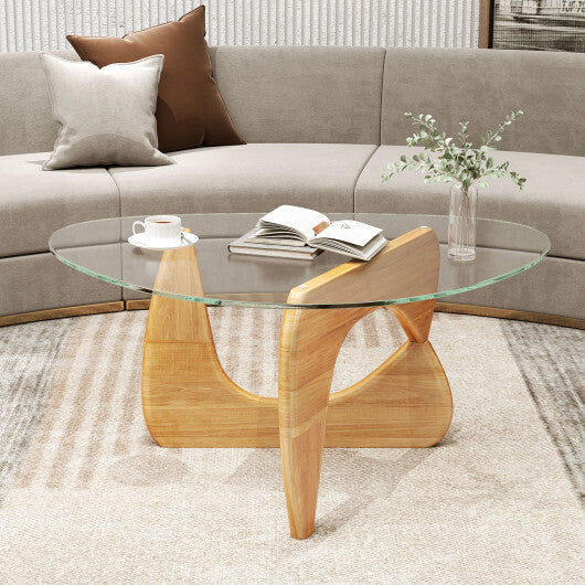 Triangle Coffee Table with Tempered Glass Top and Adjustable Rubber Wood Base-Walnut W2B