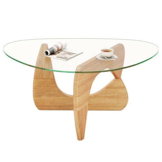 Triangle Coffee Table with Tempered Glass Top and Adjustable Rubber Wood Base-Walnut W2B