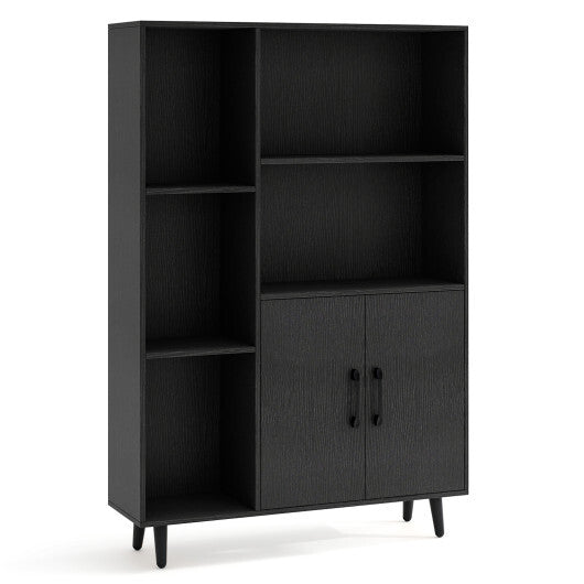 4 Inch Floor Bookshelf with 5 Open Compartments and Storage Cabinet-Black W2B