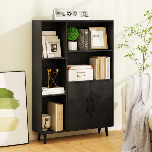 4 Inch Floor Bookshelf with 5 Open Compartments and Storage Cabinet-Black W2B