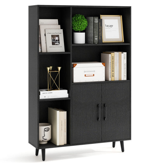 4 Inch Floor Bookshelf with 5 Open Compartments and Storage Cabinet-Black W2B