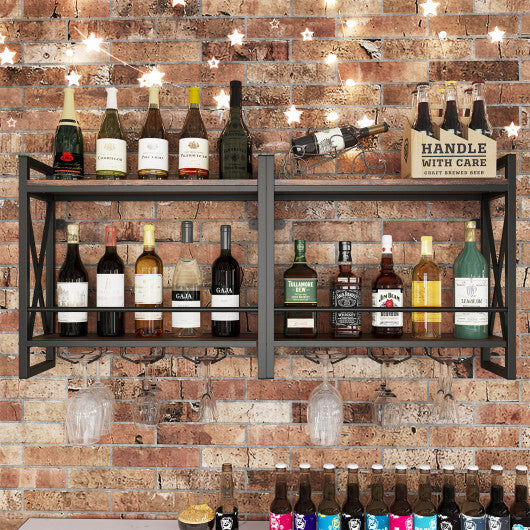 Wall Mounted Wine Rack with 2-Tier Shelves and 3 Glass Holders