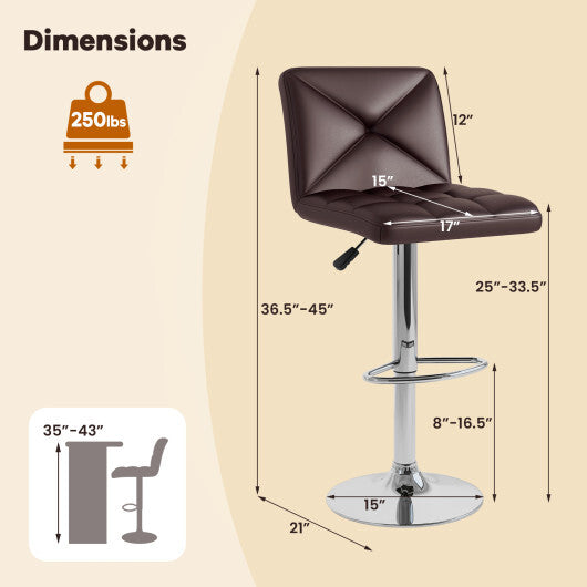 PU Leather Upholstered Bar Stools Set of 2 with Back and Adjustable Height-Brown W2B