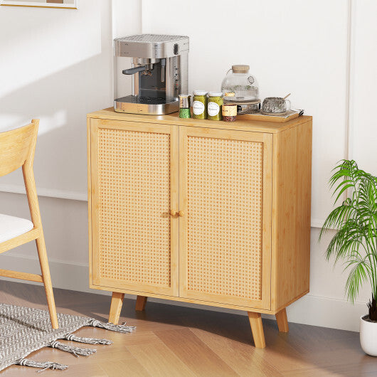 Bamboo Buffet Storage Cabinet with PE Rattan Doors and Freestanding Kitchen Cupboard-Natural W2B