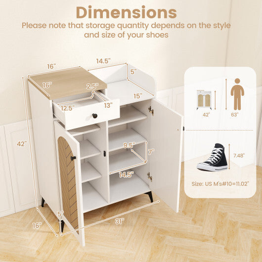 2-Door Shoe Rack Organizer with Drawer and 6 Removable Shelves-White W2B