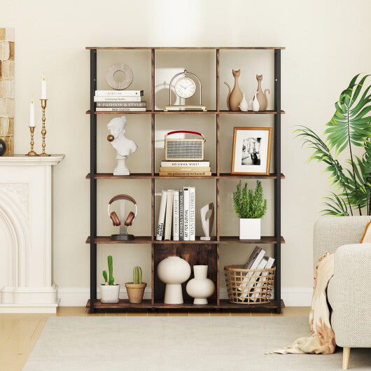 12-Cube Bookcase with 2 Anti-tipping Kits for Living Room-Rustic Brown W2B