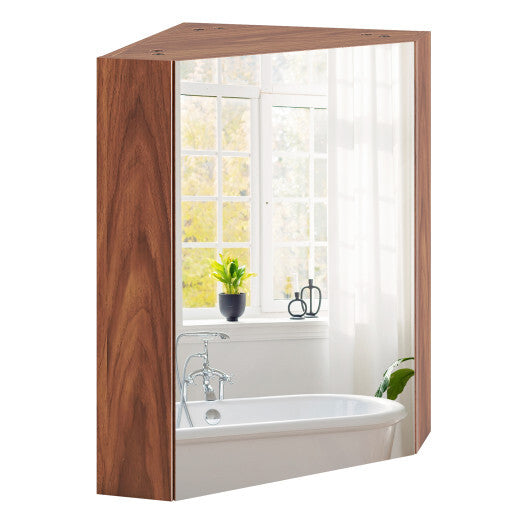 Corner Medicine Cabinet with Mirror with Open Mirror Door and Adjustable Shelf-Brown W2B