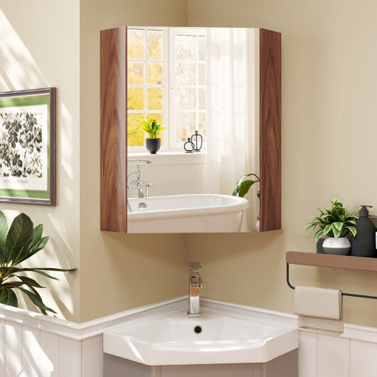 Corner Medicine Cabinet with Mirror with Open Mirror Door and Adjustable Shelf-Brown W2B