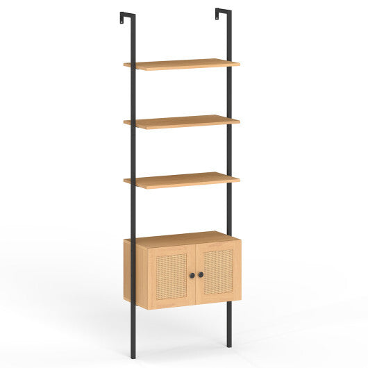 5-Tier Ladder Bookcase with Rattan Cabinet and Metal Frame-Natural W2B