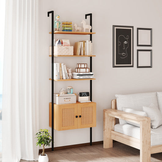5-Tier Ladder Bookcase with Rattan Cabinet and Metal Frame-Natural W2B