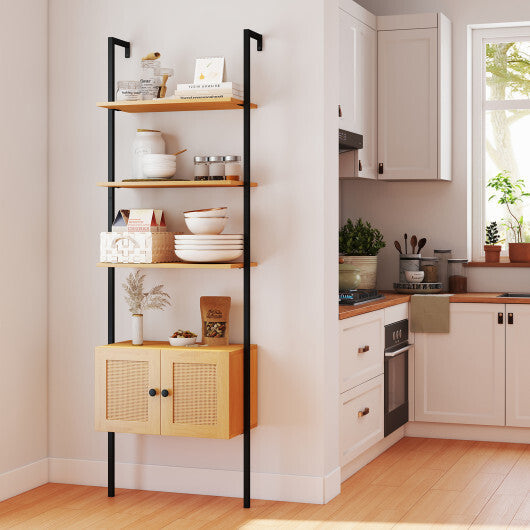 5-Tier Ladder Bookcase with Rattan Cabinet and Metal Frame-Natural W2B