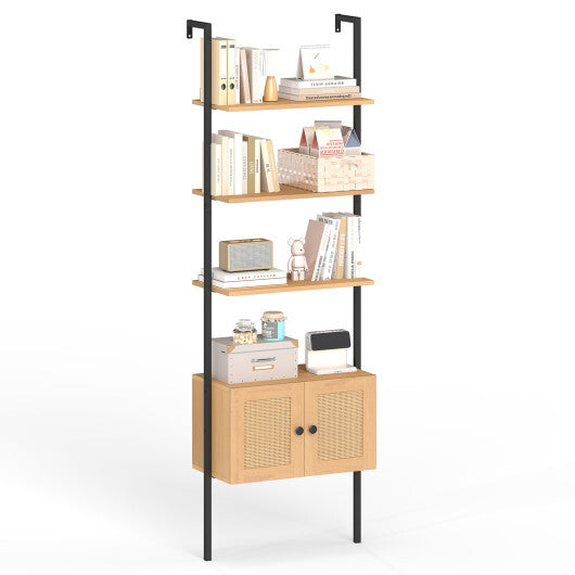 5-Tier Ladder Bookcase with Rattan Cabinet and Metal Frame-Natural W2B