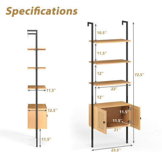 5-Tier Ladder Bookcase with Rattan Cabinet and Metal Frame-Natural W2B