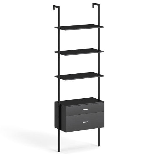 6-Tier Ladder Bookcase with 2 Drawers and Metal Frame-Black