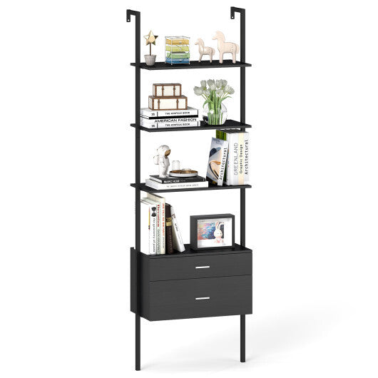6-Tier Ladder Bookcase with 2 Drawers and Metal Frame-Black