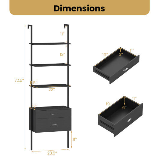 6-Tier Ladder Bookcase with 2 Drawers and Metal Frame-Black