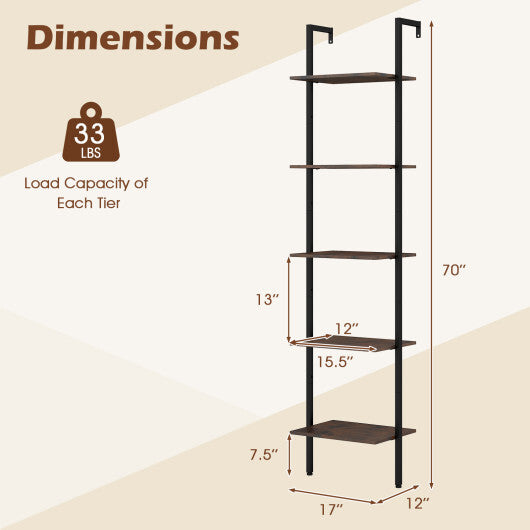 5 Tier Wall Mount Ladder Shelf with Anti-Tipping Kits for Home Office-Rustic Brown