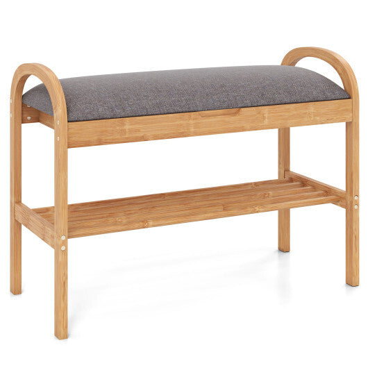 2-Tier Bamboo Shoe Bench with Storage and Padded Cushion-Gray W2B