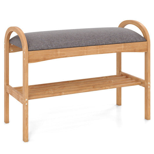 2-Tier Bamboo Shoe Bench with Padded Cushion and Shelf-Gray W2B