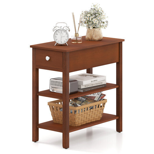 3-Tier Narrow End Table with Drawer and Storage Shelves-Brown W2B