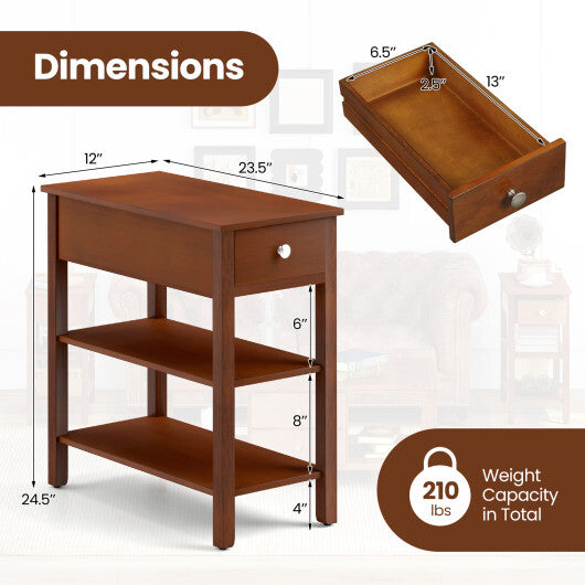 3-Tier Narrow End Table with Drawer and Storage Shelves-Brown W2B