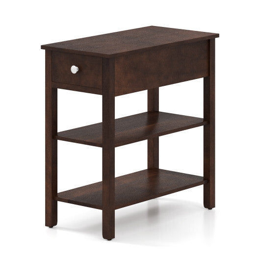 3-Tier Narrow End Table with Drawer and Storage Shelves-Brown W2B