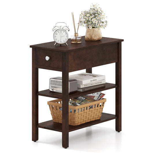 3-Tier Narrow End Table with Drawer and Storage Shelves-Brown W2B