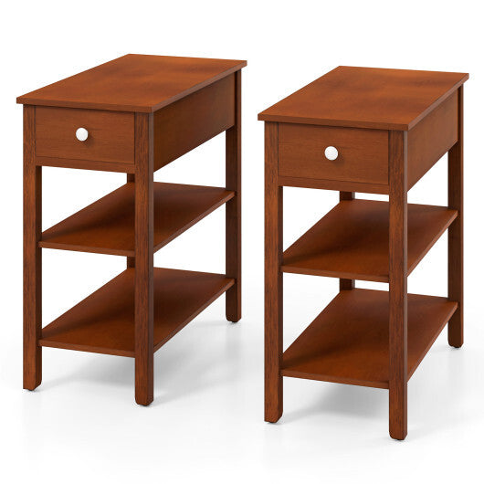 3-Tier Narrow End Table with Drawer and Storage Shelves Set of 2-Brown W2B