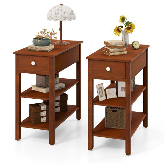 3-Tier Narrow End Table with Drawer and Storage Shelves Set of 2-Brown W2B