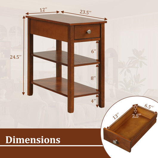3-Tier Narrow End Table with Drawer and Storage Shelves Set of 2-Brown W2B