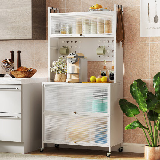 5 Tier Kitchen Bakers Rack with Lights Multifunctional Microwave Stand with Flip Door Cabinets-Black