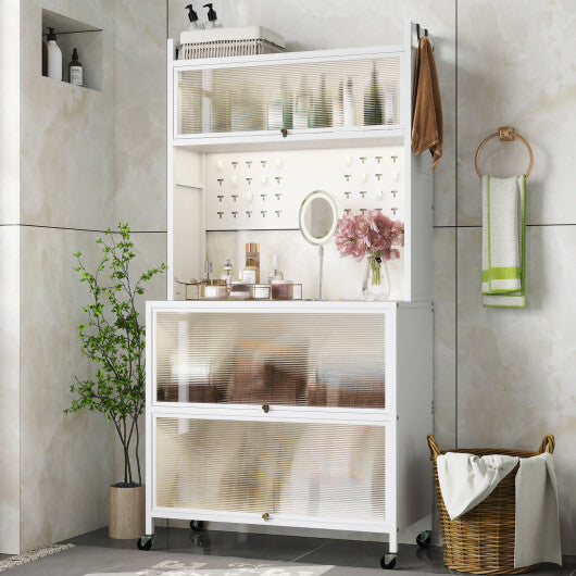 5 Tier Kitchen Bakers Rack with Lights Multifunctional Microwave Stand with Flip Door Cabinets-Black