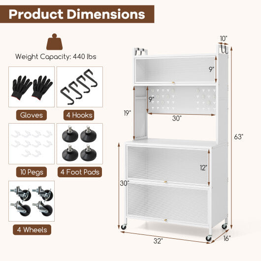 5 Tier Kitchen Bakers Rack with Lights Multifunctional Microwave Stand with Flip Door Cabinets-Black