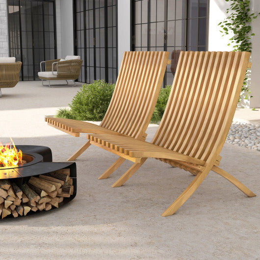 Folding Teak Wood Outdoor Lounge Chair with Slatted Seat and Backrest