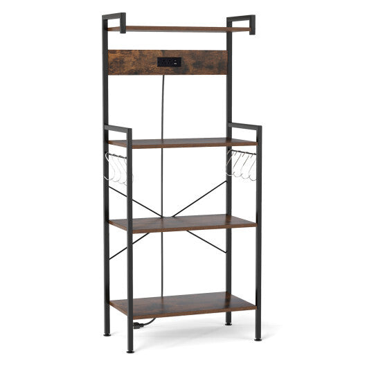 4-Tier Kitchen Bakers Rack with Power Outlet and 8 Hooks-Rustic Brown W2B