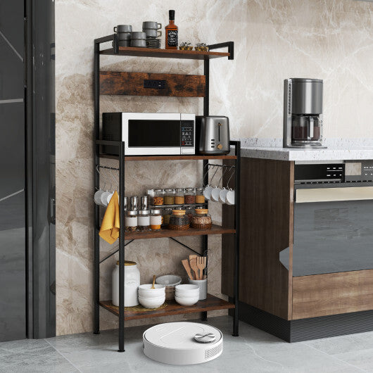 4-Tier Kitchen Bakers Rack with Power Outlet and 8 Hooks-Rustic Brown W2B